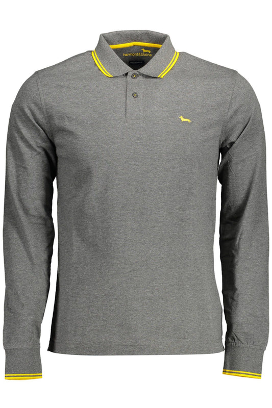 Elegant Gray Long-Sleeved Polo with Embroidery Details