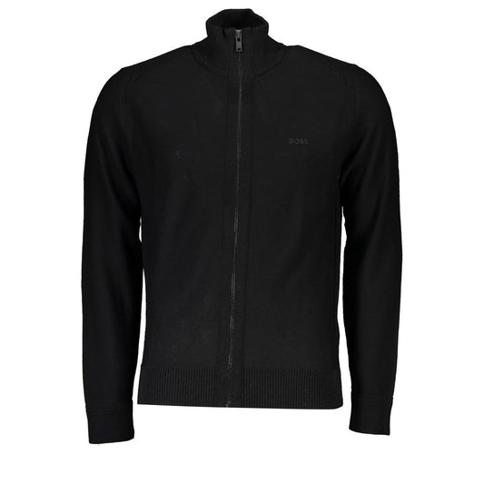 Sleek Black Wool Blend Cardigan with Embroidered Logo