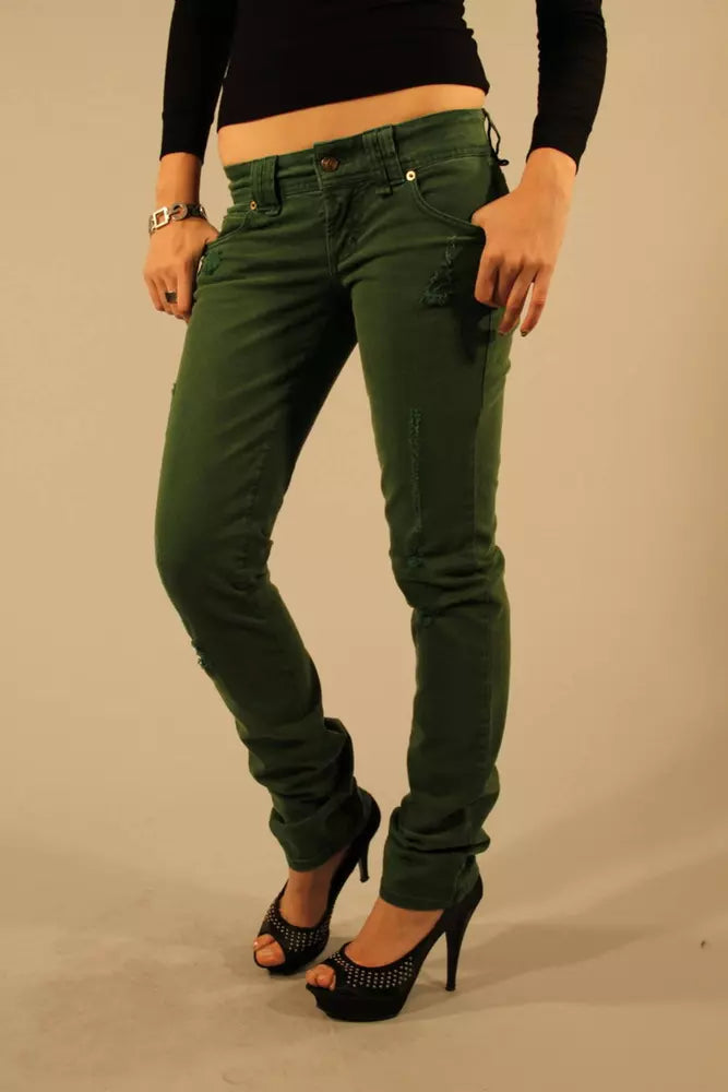 Chic Green Distressed Button-Zip Jeans