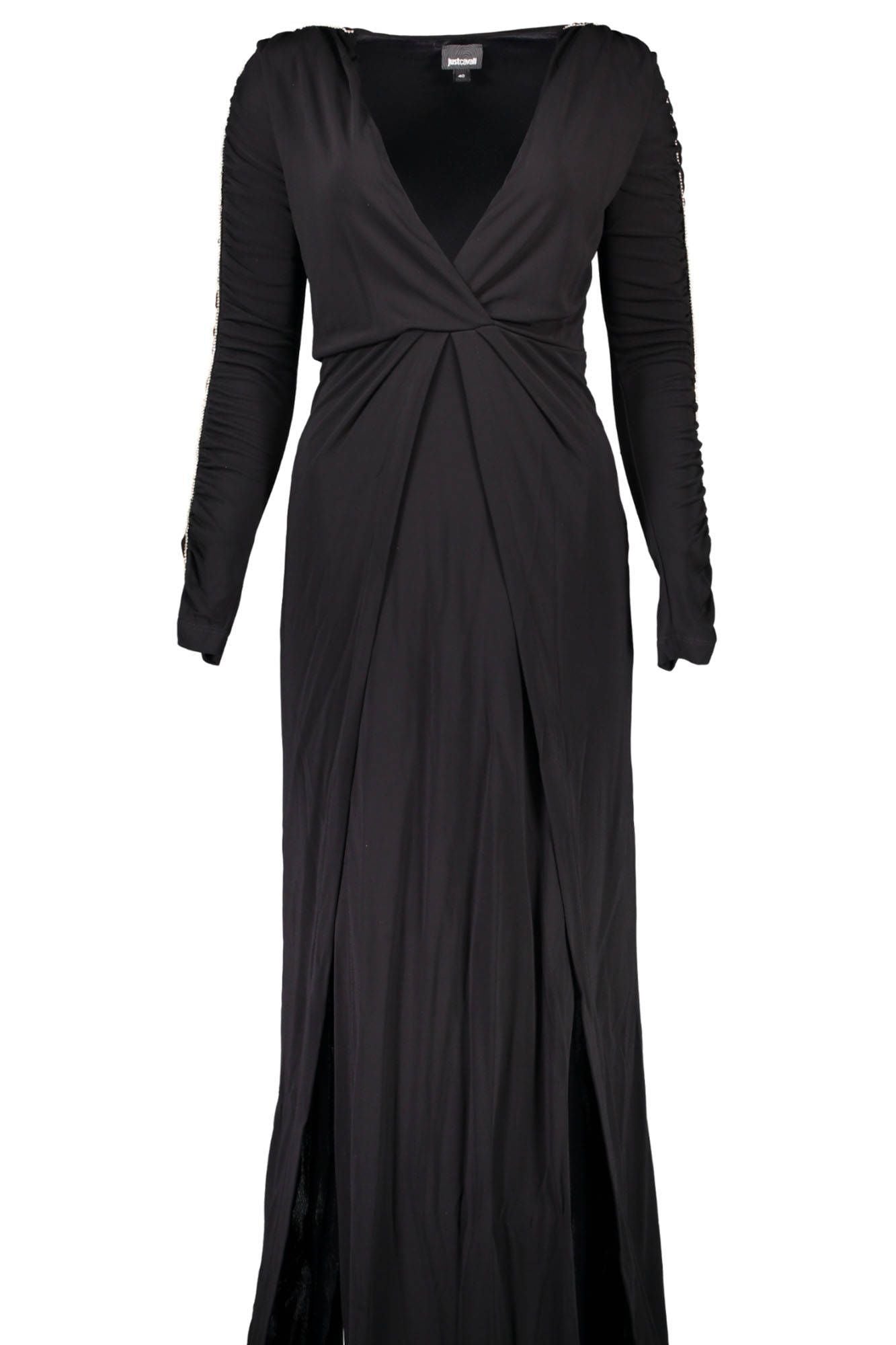 Black Viscose Long Dress with Rhinestone Details