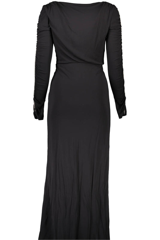 Black Viscose Long Dress with Rhinestone Details