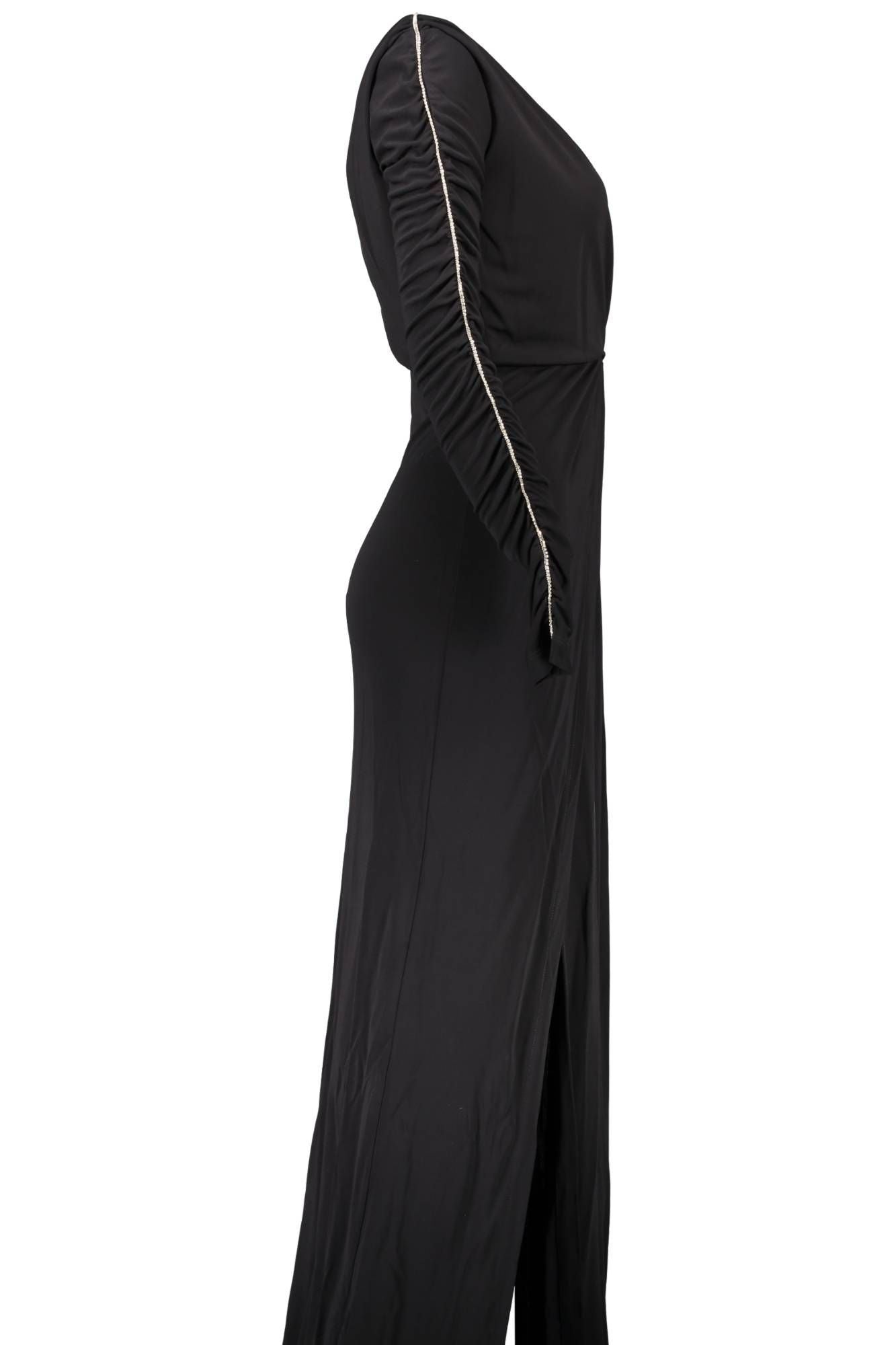 Black Viscose Long Dress with Rhinestone Details