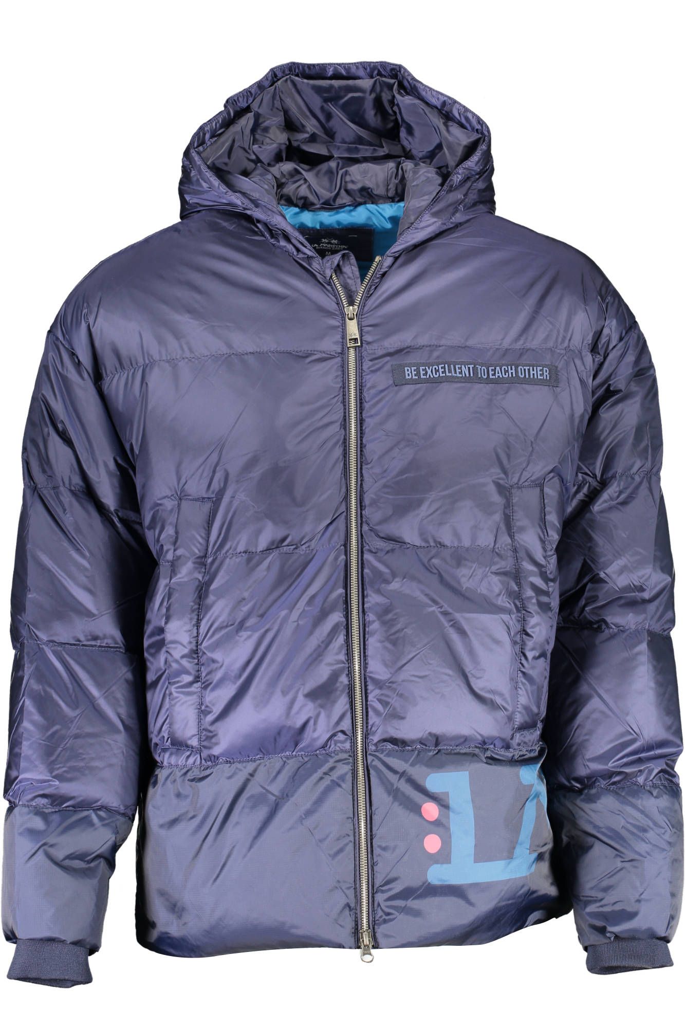 Blue Feather Down Hooded Jacket with Contrast Details