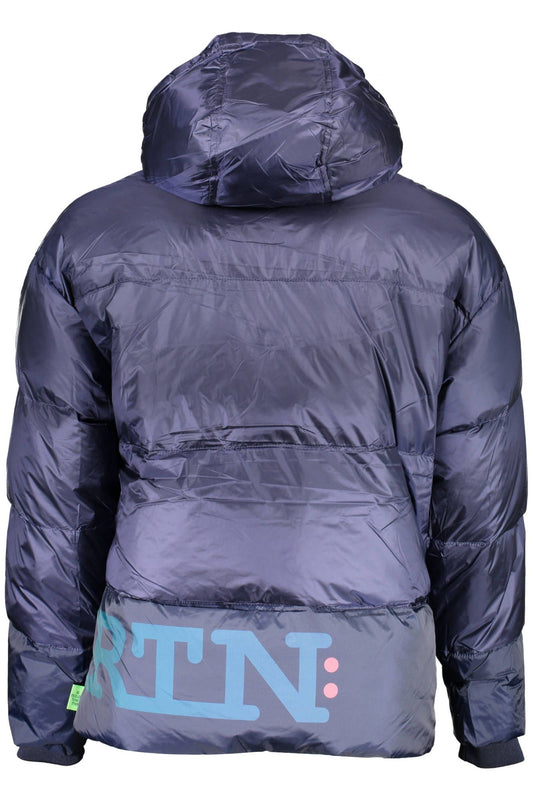 Blue Feather Down Hooded Jacket with Contrast Details