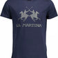 Chic Blue Crew Neck Tee with Emblem Print