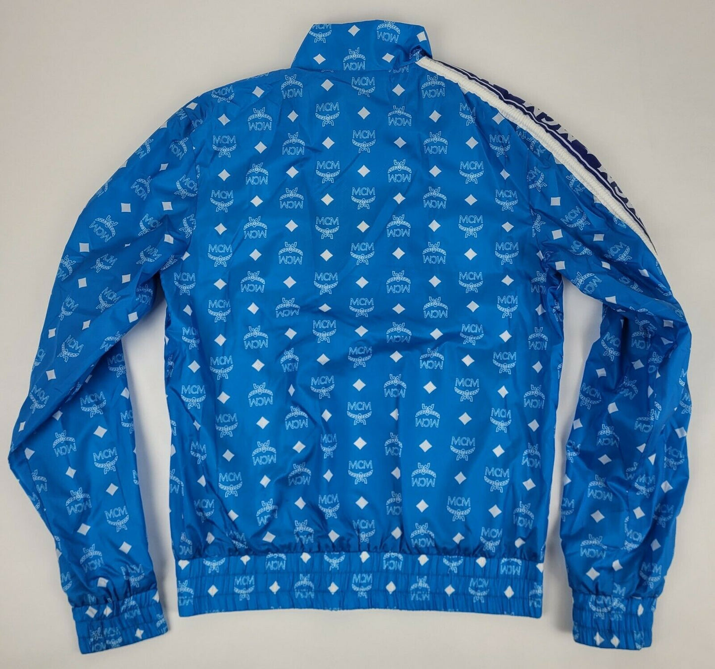 Women's Blue Nylon Bomber Jacket White Logo Print