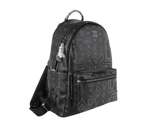 MCM Black Coated Canvas Studded Medium Backpack