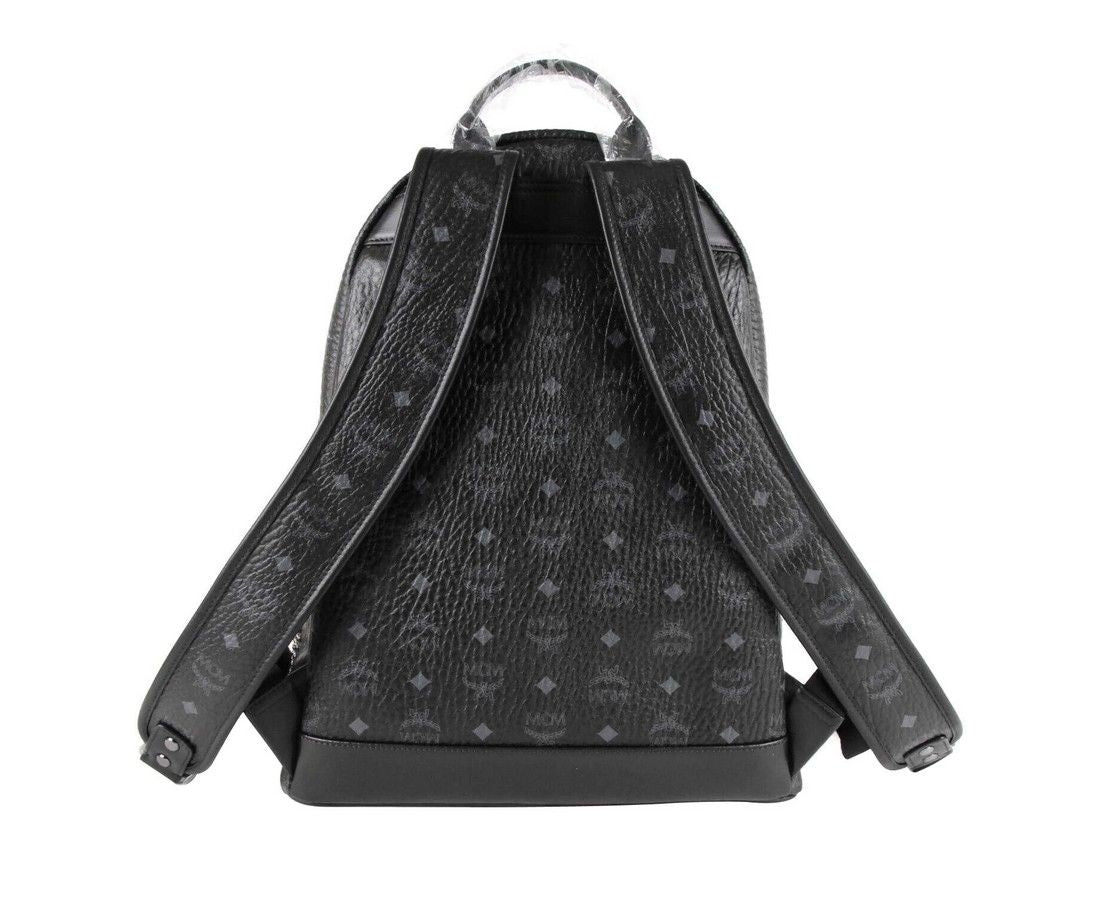 MCM Black Coated Canvas Studded Medium Backpack