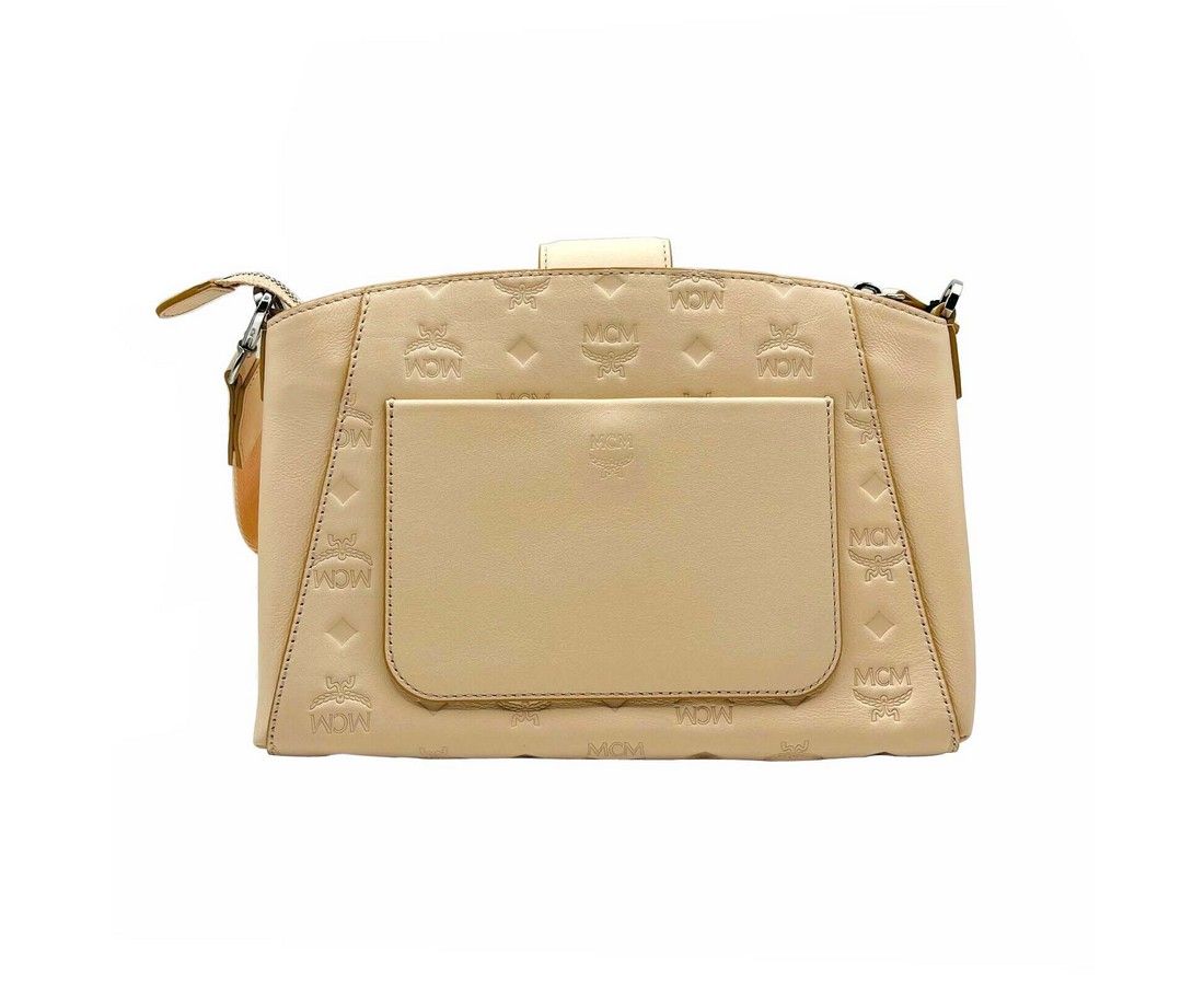 MCM Women's Beige Monogram Leather Essential Tote Crossbody Bag Beige/Peach