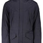 Sleek Blue Hooded Jacket with Stylized Applications
