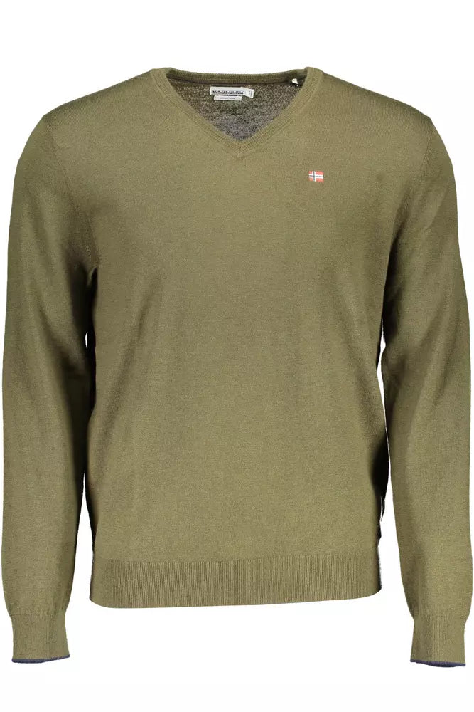 Elegant Green V-Neck Wool Sweater