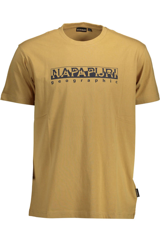 Beige Cotton Crew Neck Tee with Logo Print