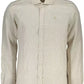 Beige Linen Italian Collar Shirt with Logo Embroidery