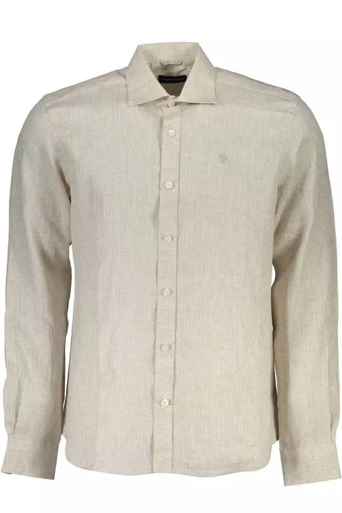 Beige Linen Italian Collar Shirt with Logo Embroidery