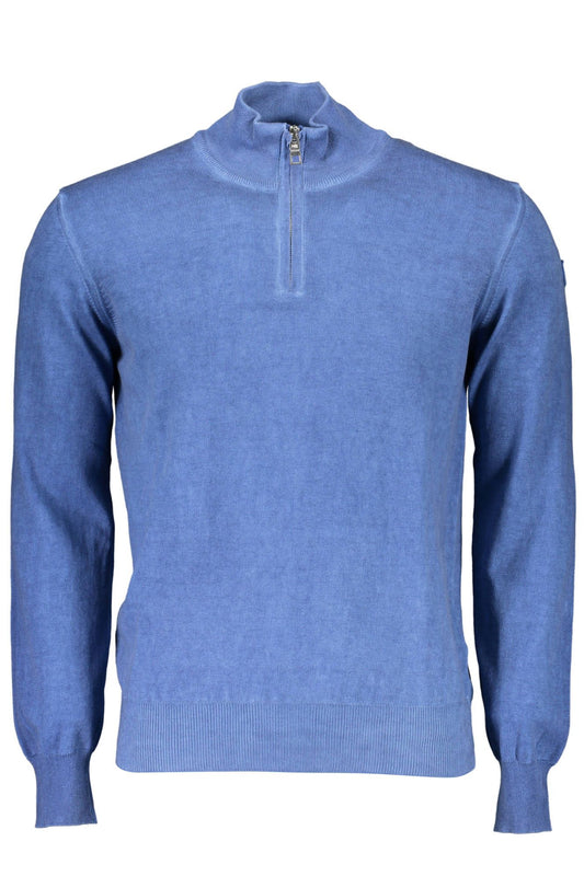 Blue Zippered Long-Sleeve Cotton Sweater