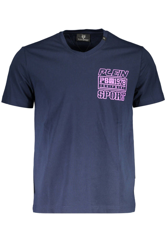 Vibrant Blue V-Neckline Cotton Tee with Logo Print