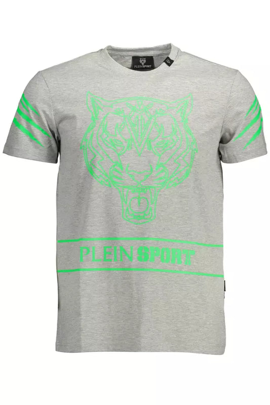 Sleek Gray Crew Neck Logo Tee with Contrasting Details