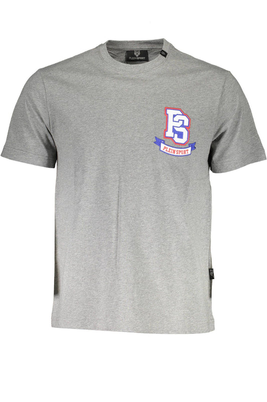 Chic Gray Round Neck Logo Tee with Applique