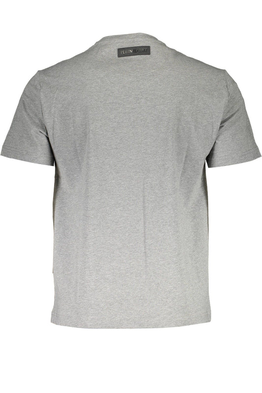 Chic Gray Round Neck Logo Tee with Applique
