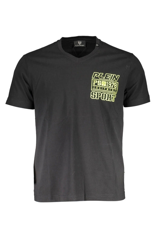 V-Neck Logo Print Cotton Tee in Black