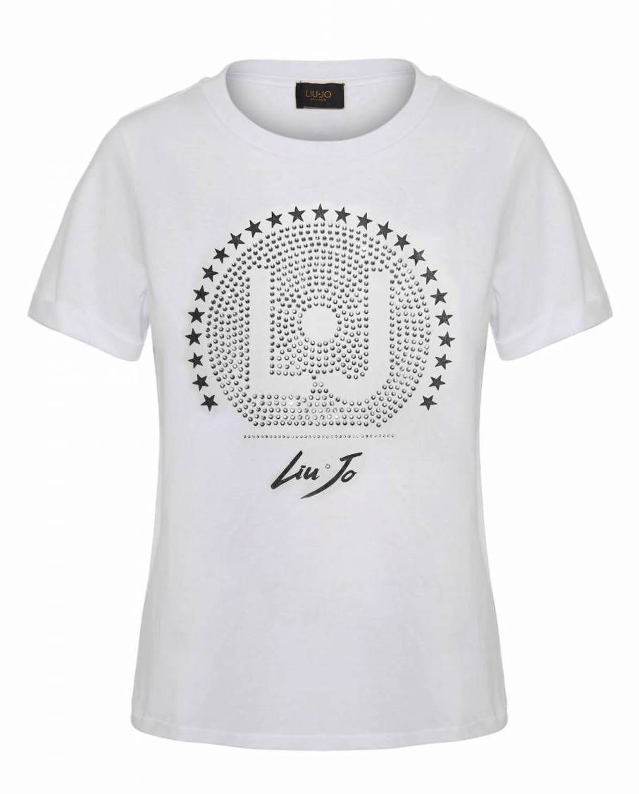 Elegant White Cotton Tee with Rhinestone Detailing