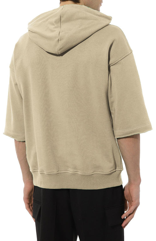 Beige Hooded Cotton Sweatshirt with Logo Print