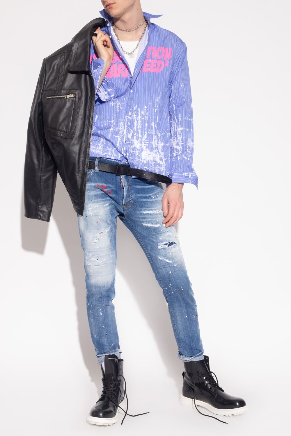 Chic Distressed Paint-Splatter Denim