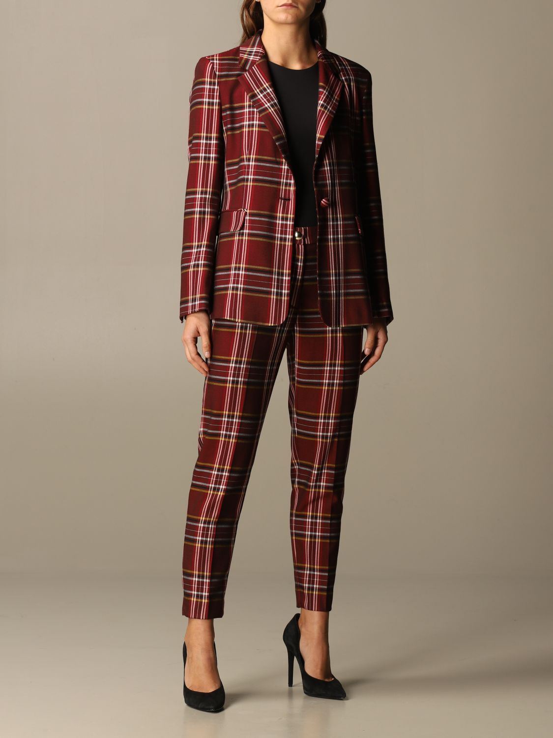 Plaid Jewel Button Blazer - A Chic Red Statement