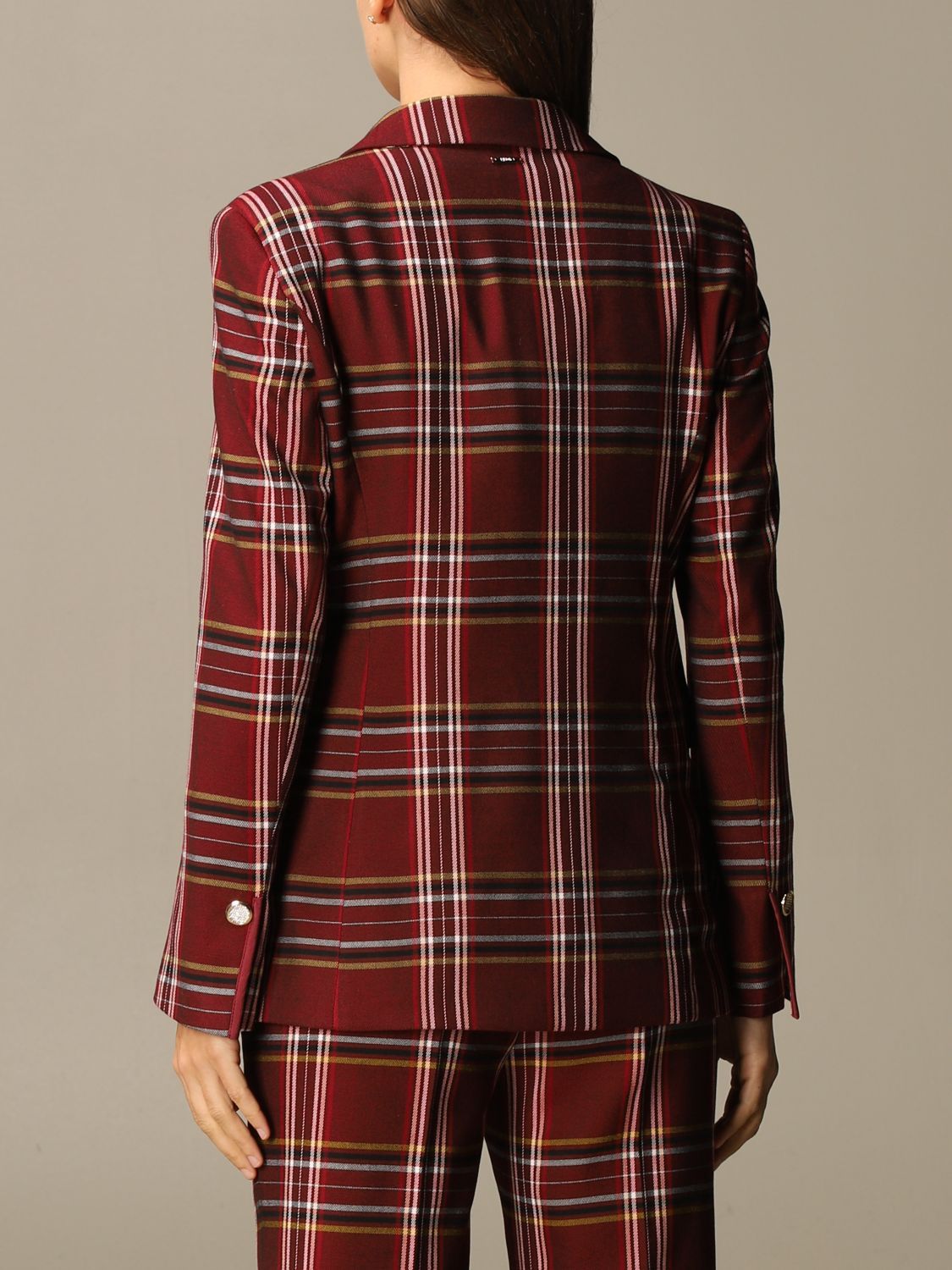 Plaid Jewel Button Blazer - A Chic Red Statement