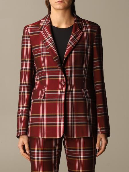 Plaid Jewel Button Blazer - A Chic Red Statement