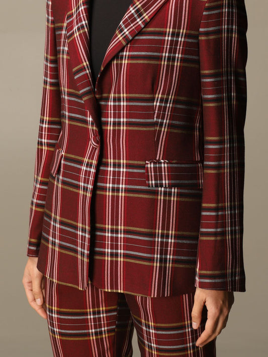 Plaid Jewel Button Blazer - A Chic Red Statement