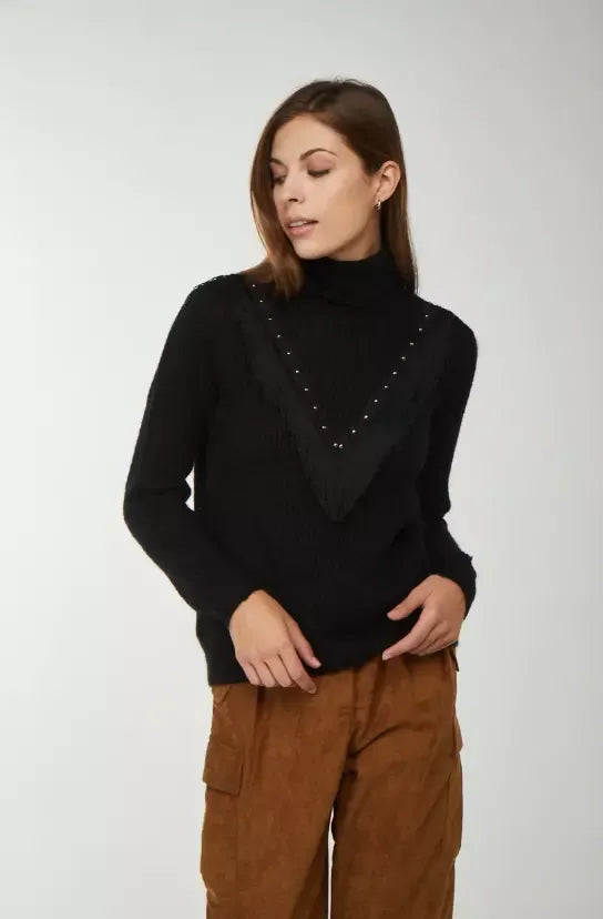 Chic Black Turtleneck with Stud Detailing