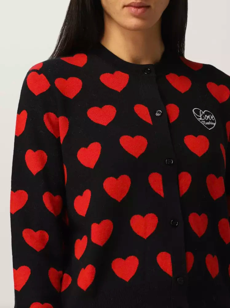 Chic Heart Pattern Black Cardigan Sweater