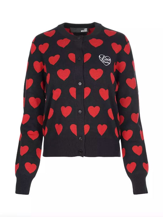 Chic Heart Pattern Black Cardigan Sweater