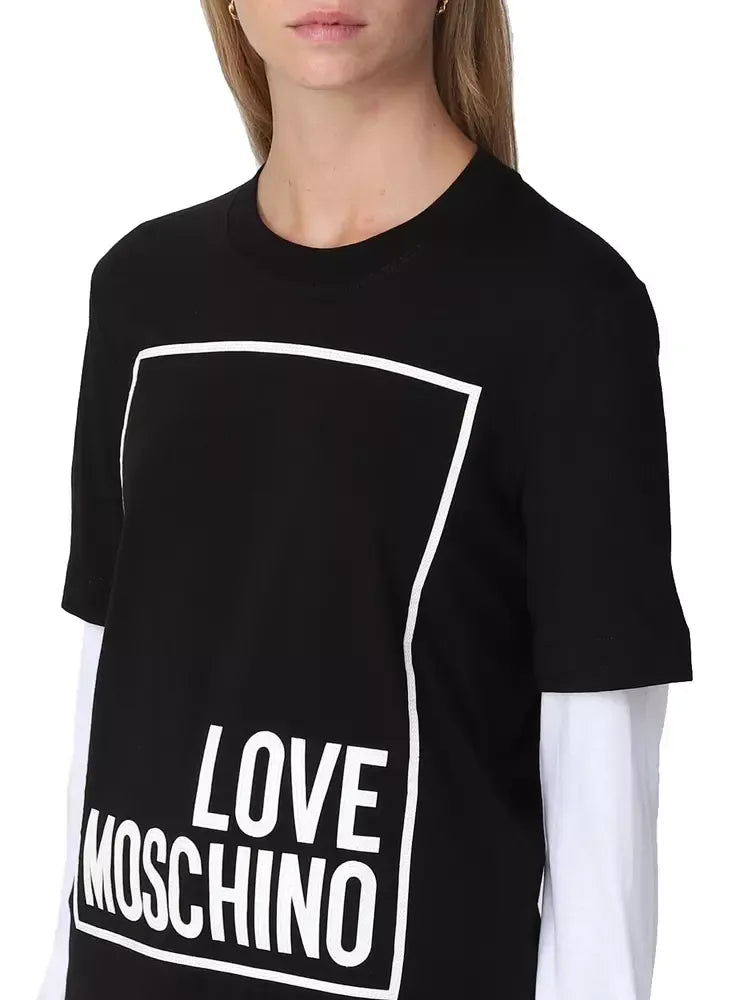 Elegant Black Cotton Tee with Faux-Leather Logo