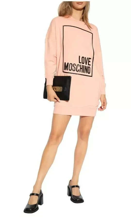 Chic Pink Sweatshirt Dress with Eco-Leather Logo