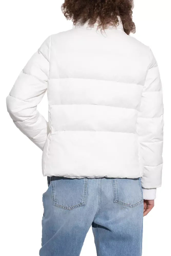 Chic White Nylon Down Jacket with Bold Logo Print