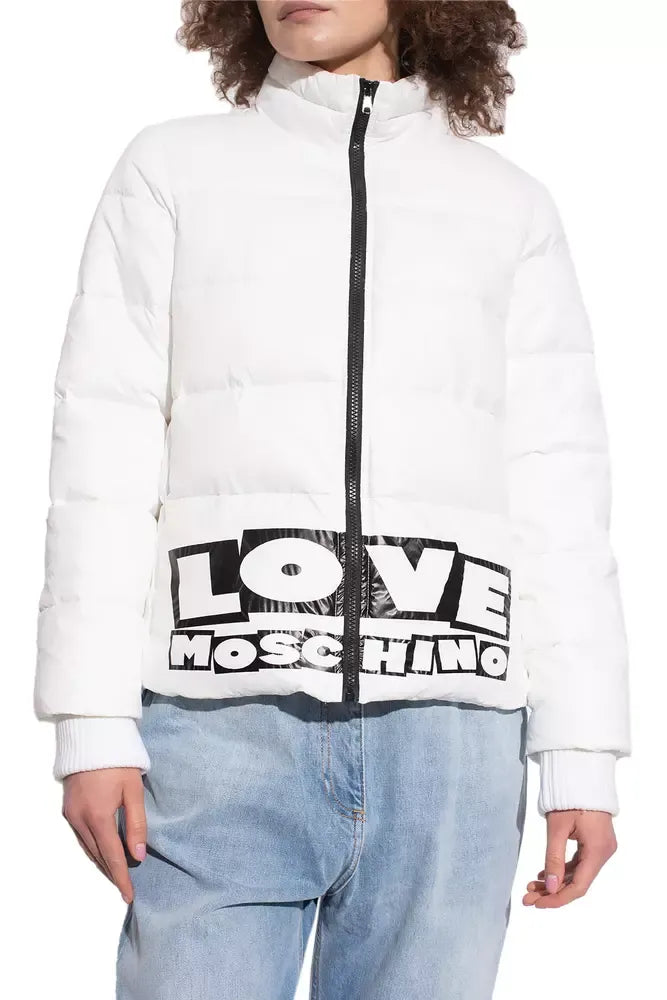 Chic White Nylon Down Jacket with Bold Logo Print