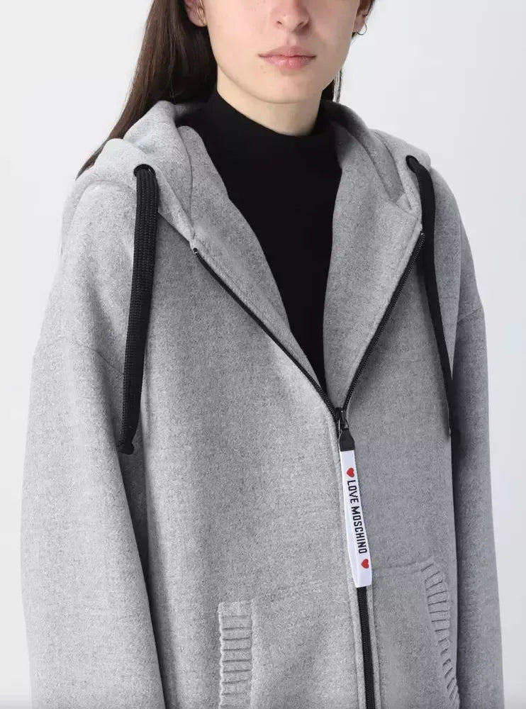 Elegant Grey Wool Hooded Coat