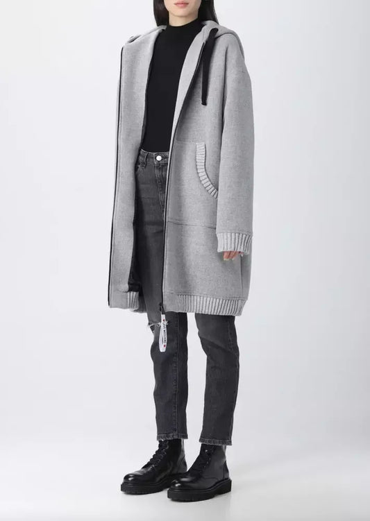 Elegant Grey Wool Hooded Coat