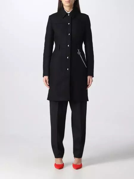 Elegant Black Wool Coat with Silver Chain Detail