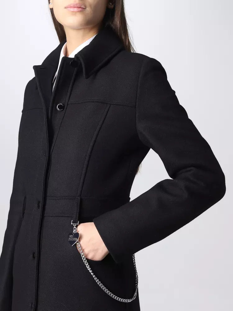 Elegant Black Wool Coat with Silver Chain Detail