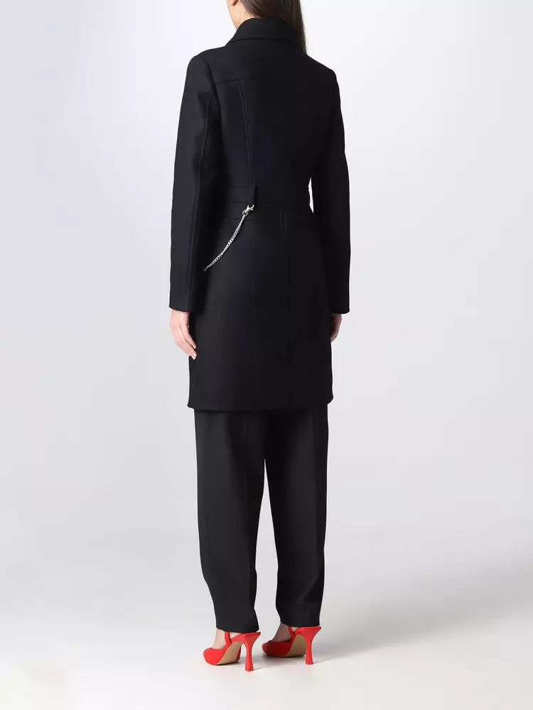 Elegant Black Wool Coat with Silver Chain Detail