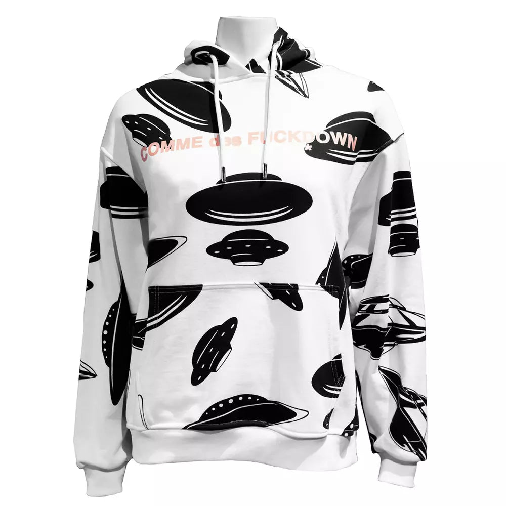 White UFO Print Cotton Sweatshirt with Pink Logo