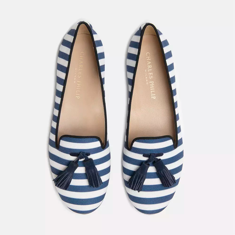 Elegant Striped Silk Moccasins with Suede Tassel