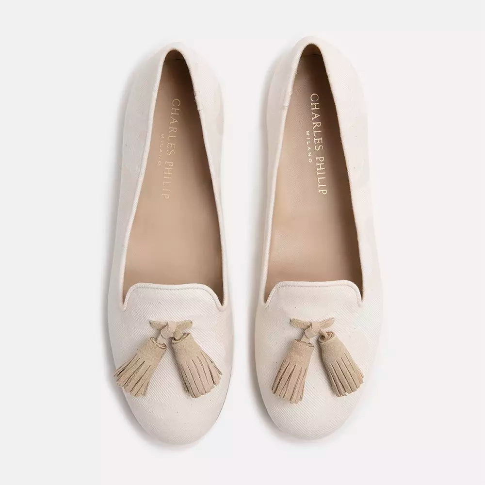 Elegant Beige Silk Tassel Loafers