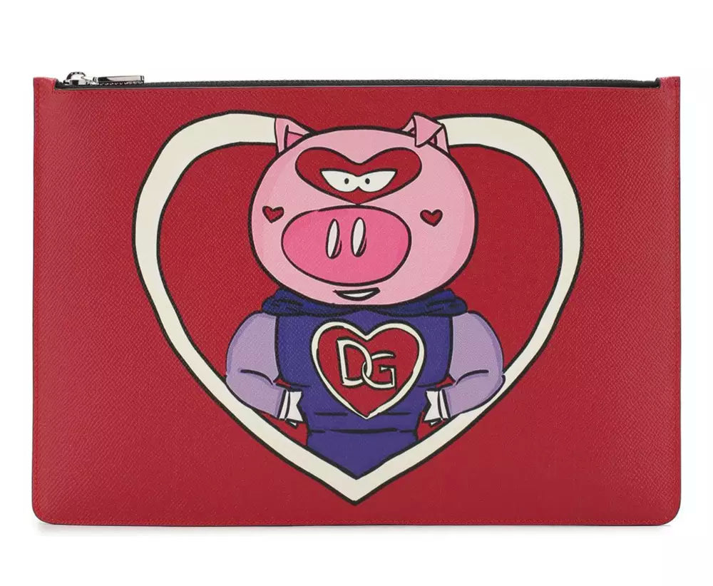 Red Calfskin Leather Clutch with Pig Design