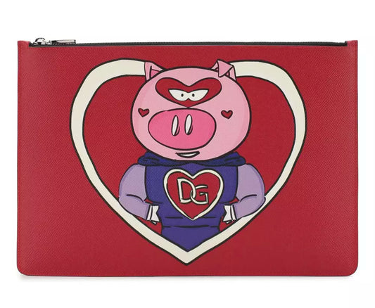 Red Calfskin Leather Clutch with Pig Design