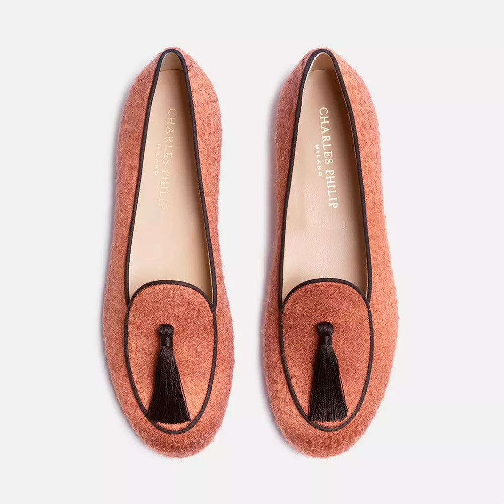 Velvet Tassel Moccasins in Vivid Orange