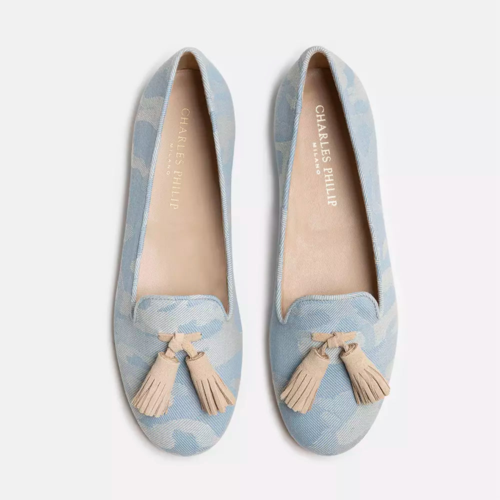 Elegant Light Blue Camouflage Loafers